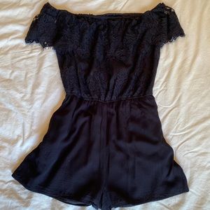 Black Lace Off Shoulder Romper WITH POCKETS!